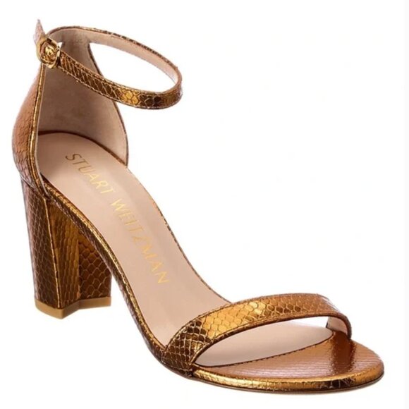 STUART WEITZMAN Nearlynude Snakeskin Embossed Leather Sandals in Bronze - Picture 1 of 11